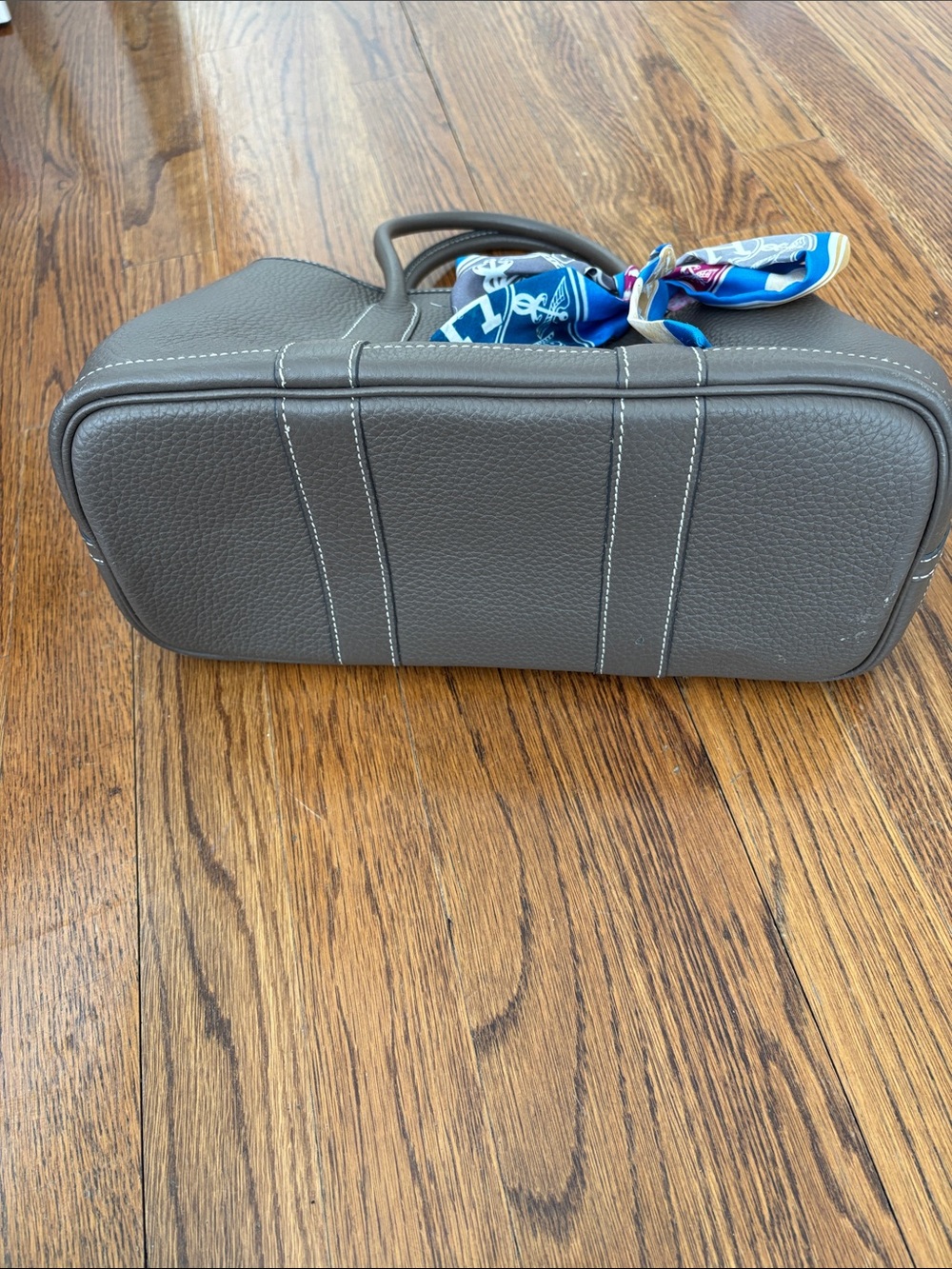 Hermes Gray Pebbled Leather Tote with Blue Accent Scarf - Picture 7 of 9